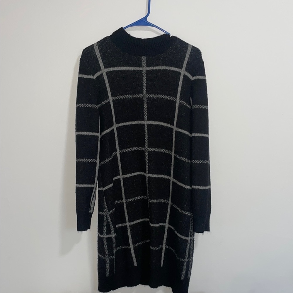 Black and Gray Checkered Sweater Dress